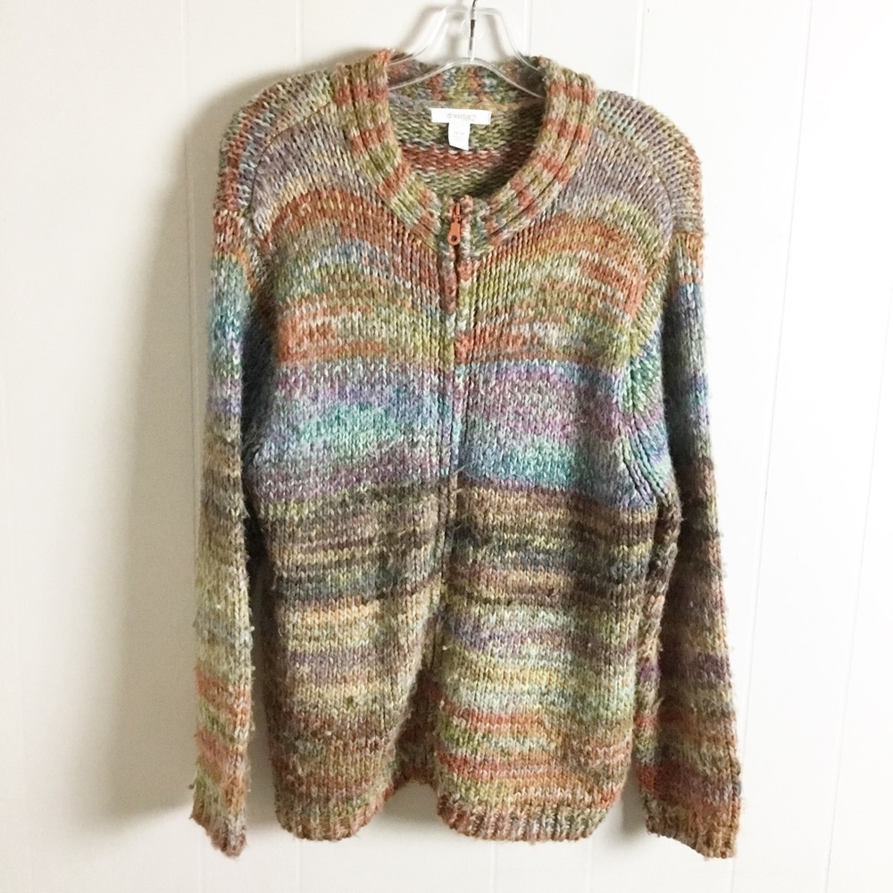 Dressbarn Sweater Cardigan Size 14/16 Wool Blend Colorful Zip Up Knit Plus